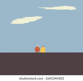 Elderly couple enjoys summer moment under clear blue sky with white cloud. Retire people on romantic vacation.