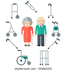 Elderly couple and equipment for moving and walking. Flat vector cartoon illustration. Objects isolated on a white background.