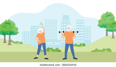 Elderly couple exercise in park vector illustration. Elderly people healthy lifestyle, healthy aging for senior care concept