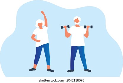 Elderly couple exercise  vector illustration. Elderly people healthy lifestyle, healthy aging for senior care concept