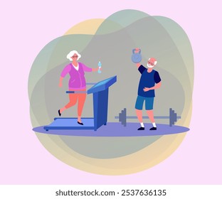 Pareja de ancianos haciendo ejercicio con Ilustración vectorial de equipos de gimnasio. Dibujo de dibujos animados de una mujer mayor en una cinta de correr y un hombre levantando pesas. Estilo de vida saludable, Ocio, deportes, concepto de jubilación