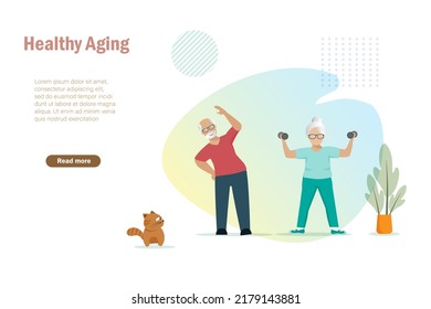 Elderly couple exercising at home to maintain in good health. Healthy aging, senior care concept. 