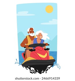 Elderly Couple Exudes Joy While Riding A Jet Ski On A Sunny Day, Showcasing Active Senior Lifestyle And Adventure. Aged Characters Enjoying Recreation on Sea Waves. Cartoon People Vector Illustration