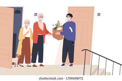 Elderly couple in face masks receiving a bag of groceries from delivery man. Volunteer taking care of senior family during virus outbreak. Shopping help. Vector illustration in flat cartoon style