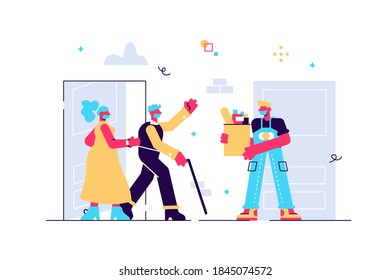 Elderly couple in face masks receiving a bag of groceries from delivery man. Volunteer taking care of senior family during virus outbreak. Shopping help. Vector illustration in flat cartoon style