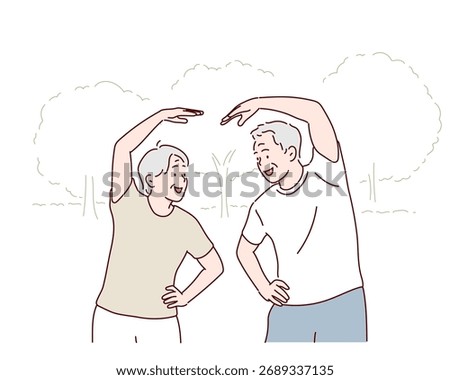 Elderly Couple Facing Each Other Doing Arm Stretching Hand drawn style vector design illustrations.