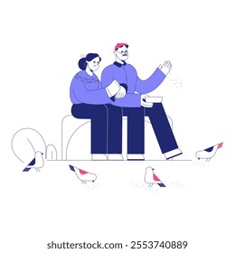 Elderly Couple Feeding Birds On A Park Bench In Flat Vector Illustration Symbolizing Companionship, Relaxation, And Outdoor Activities, Isolated On White Background