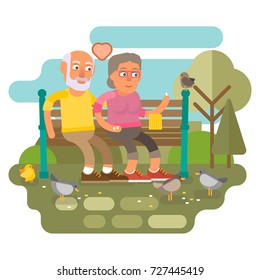 Elderly couple feeding birds in the park and enjoying being together outdoors, flat vector character illustration
