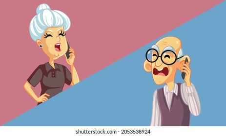 
Elderly Couple Fighting Over the Phone Vector Illustration. Senior man and woman screaming and shouting with anger in telephone fight
