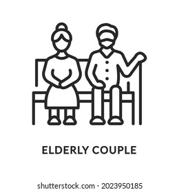 Elderly couple flat line icon. Vector illustration grandparents sitting on a bench. Pensioners