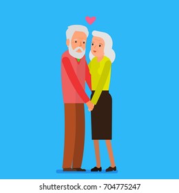 Elderly couple in flat style. Happy grandparents. Vector cartoon illustration. Grandpa and grandma standing on blue background. Flat design, vector illustration.