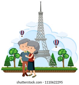 Elderly couple in front of the eiffel tower illustration