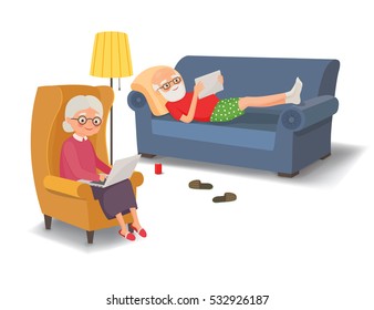 Elderly couple with gadgets. Vector illustration