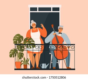 An elderly couple is gardening on the balcony. Grandparents on the balcony with plants. Hobbies for the elderly. Old man playing the cello. Stay home concept.