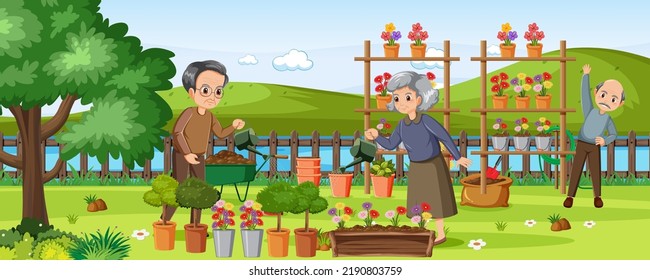 Elderly Couple Gardening On White Background Illustration