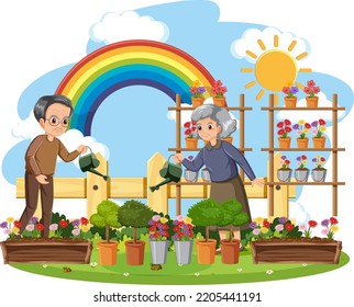 Elderly Couple Gardening On White Background Illustration