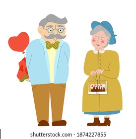 An elderly couple gives each other gifts. Cute vector illustration for valentine's day. Grandma and grandpa on a romantic date.