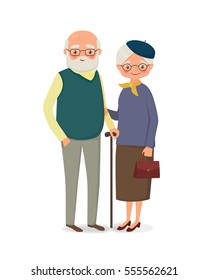 Elderly couple with glasses holding hands. Vector illustration in cartoon style