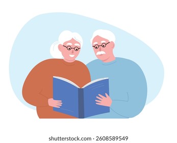 An elderly couple in glasses reads a book together. Old people spend time together, actively study. Vector flat graphics.