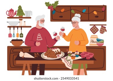 Elderly couple with glasses of wine at the set table. Vector illustration of celebrating Christmas, New Year with loved ones with traditional dishes, set table. Festive dinner