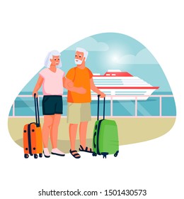 Pareja anciana yendo al crucero en barco. Dibujo de dibujos animados sobre el turismo y las vacaciones para las personas mayores y los jubilados.