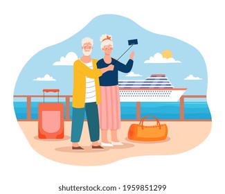 Elderly couple is going to sea cruise by ferry. Concept of tourism and vacation for seniors and pensioners. Old man and woman are standing on ship deck with luggage. Flat cartoon vector illustration