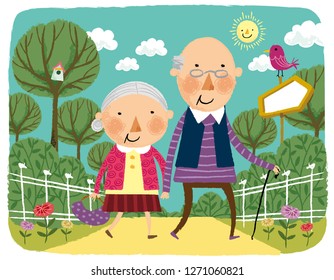 Elderly couple going for walk