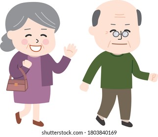 Elderly couple going for a walk. Vector illustration isolated on white background.