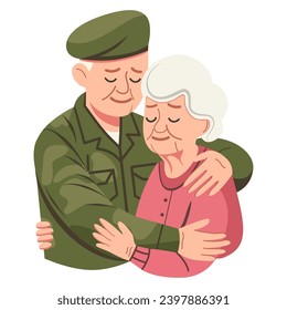 Abuelo y abuela de pareja de ancianos abrazados. Retrato familiar de un militar y su esposa. Gente. Encuentro conceptual o foto de mantenimiento. Caricatura.