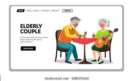 Elderly Couple Grandfather And Grandmother Vector. Elderly Couple Have Leisure Time Together, Old Man Communicate On Phone And Elderly Woman Playing On Guitar. Characters Web Flat Cartoon Illustration