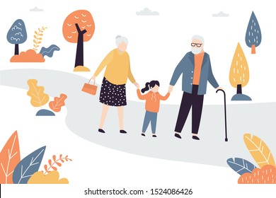 Elderly Couple. Grandpa and Grandmother with granddaughter walking in park. Old people and grandchild outdoor.Family weekend. Trendy vector illustration