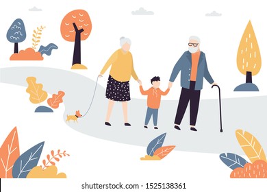 Elderly Couple. Grandpa and Grandmother with grandson walking in park. Old people and grandchild outdoor.Family weekend. Trendy vector illustration
