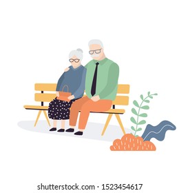 Elderly Couple. Grandpa With Grandmother sitting on bench. Old people isolated on white background. Beauty characters. Trendy vector illustration