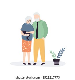 Elderly Couple. Grandpa With Grandmother standing. Old people with cat pet isolated on white background. Trendy vector illustration