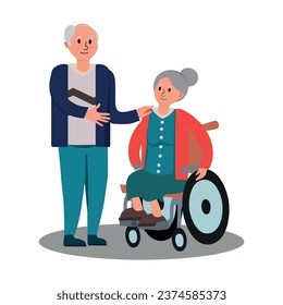 An elderly couple. Grandpa near grandmother in a wheelchair. Vector illustration in flat style