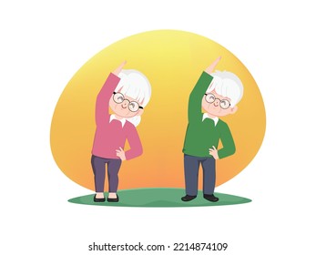 Elderly couple. Grandparents doing exercises. Sport. Morning exercises.