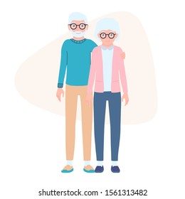 Elderly couple. Grandparents. Grandmother and grandfather together. Pensioner personages. Retired, old aged man and woman. Isolated concept vector illustration in cartoon flat style