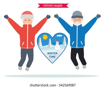 Elderly couple: the grandparents are jumping for joy. Winter holidays. Flat vector illustration.