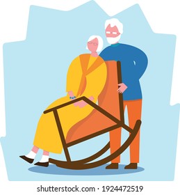 Elderly couple. Grandparents love each other. Family relationship. Vector image. Grandma is sitting in a chair.
