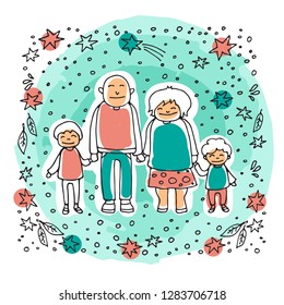 Elderly Couple With Grandsons On Blue Background. Doodle Style. Design Element For Leaflets Or Posters. Grandparents Day Vector Illustration.