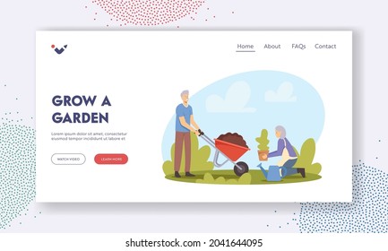 Elderly Couple Grow a Garden Landing Page Template. Pensioner Planting Trees, Aged Man and Woman Growing Plants. Old People Gardening Hobby, Senior Gardeners Characters. Cartoon Vector Illustration