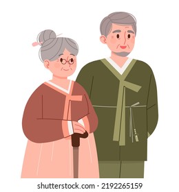 An elderly couple in hanbok. Concept vector illustration of people in Korean traditional clothes.