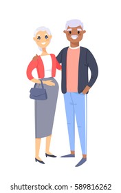 Elderly couple. Hand drawn white woman and black man. Flat style vector illustration family. Cartoon characters isolated on white background