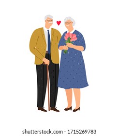 Elderly Couple. Happy Family, Old Spouses. Grandparents Characters. Woman With Flowers In Love With Husband Vector Illustration