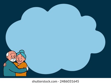 Elderly couple. Happy old people warm hug together. Senior day cartoon image background 