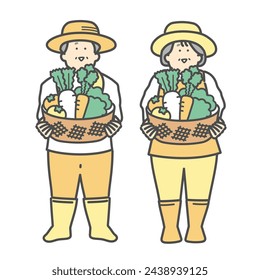 Elderly couple harvesting vegetables Farmer illustration