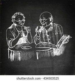 Elderly couple having breakfast. Hand drawn vector stock illustration. Chalk board drawing