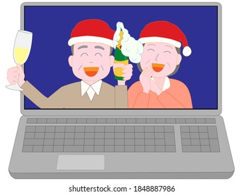 An elderly couple is having a Christmas party online to prevent corona virus infection.