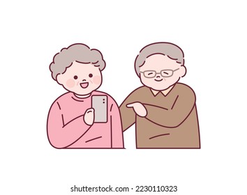 Una pareja mayor está teniendo una conversación mientras usa un smartphone. ilustración simple del vector de esquema.