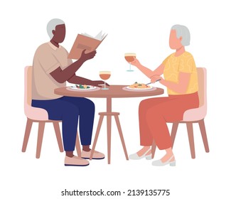 Elderly couple having dinner together semi flat color vector characters. Sitting figures. Full body people on white. Simple cartoon style illustration for web graphic design and animation